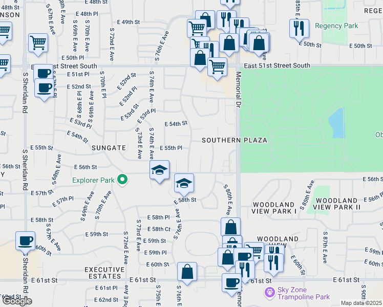 map of restaurants, bars, coffee shops, grocery stores, and more near 5535 South 76th East Avenue in Tulsa