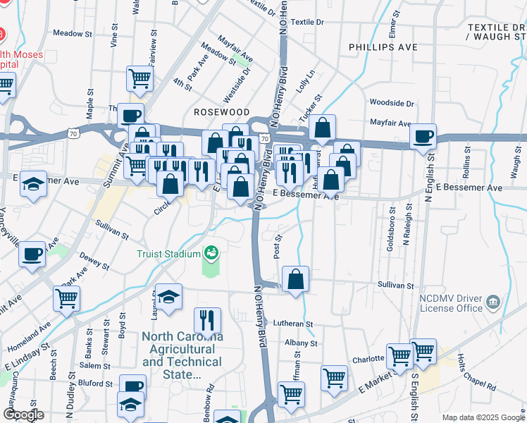map of restaurants, bars, coffee shops, grocery stores, and more near 1500 Headquarters Drive in Greensboro
