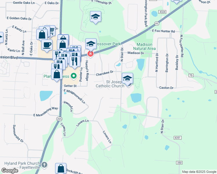 map of restaurants, bars, coffee shops, grocery stores, and more near 3524 North Whippoorwill Court in Fayetteville
