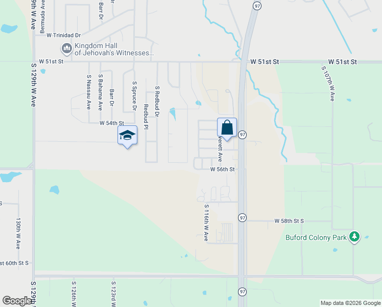map of restaurants, bars, coffee shops, grocery stores, and more near 122 West 55th Street in Sand Springs