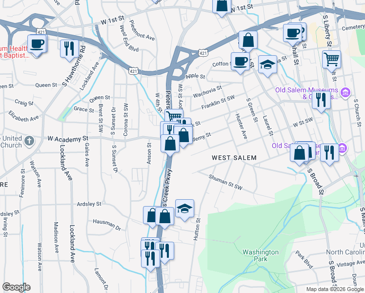 map of restaurants, bars, coffee shops, grocery stores, and more near 619 Peters Creek Parkway in Winston-Salem