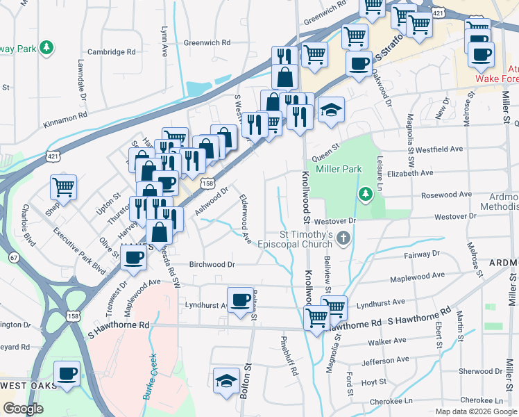 map of restaurants, bars, coffee shops, grocery stores, and more near 736 South Westview Drive in Winston-Salem
