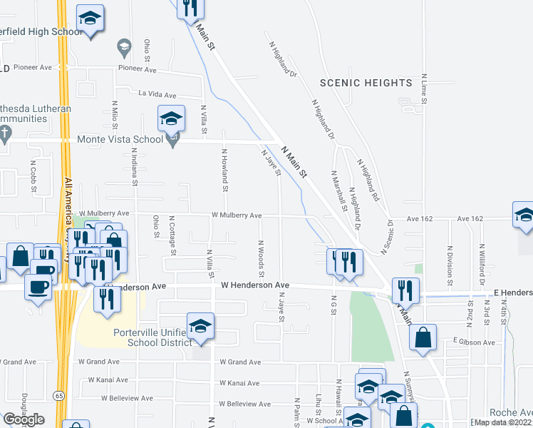 map of restaurants, bars, coffee shops, grocery stores, and more near 448 West Mulberry Avenue in Porterville