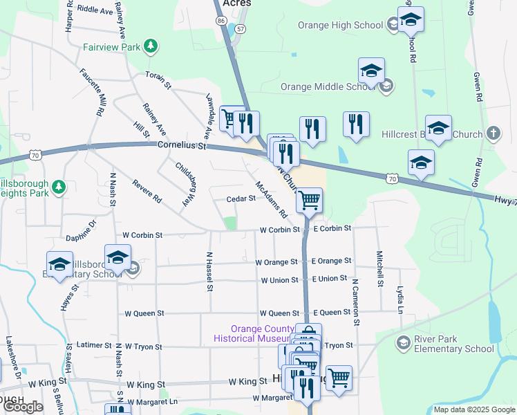 map of restaurants, bars, coffee shops, grocery stores, and more near 642 Cedar Street in Hillsborough