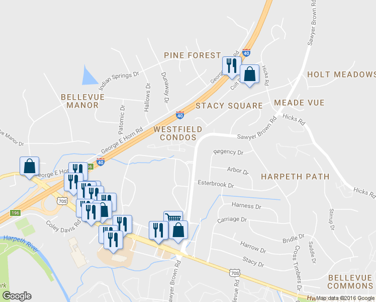 map of restaurants, bars, coffee shops, grocery stores, and more near 250 Westfield Drive in Nashville