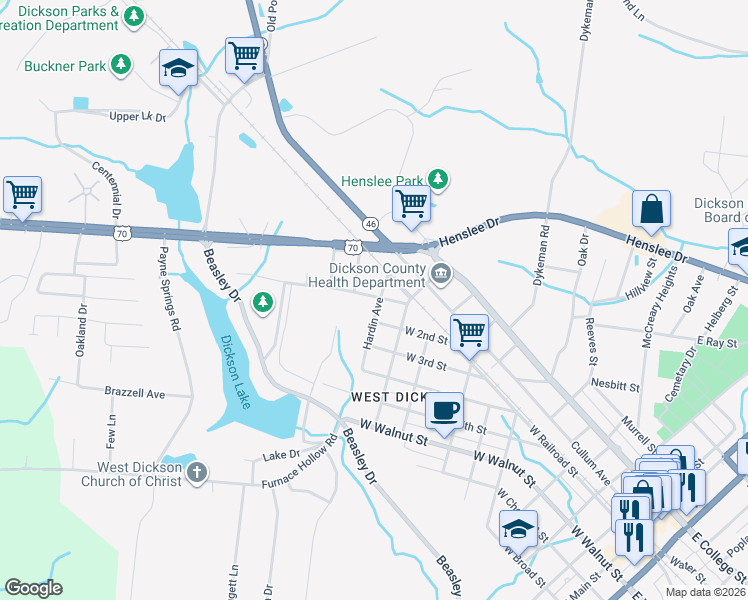 map of restaurants, bars, coffee shops, grocery stores, and more near 200 Hardin Avenue in Dickson