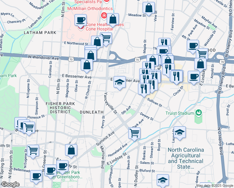 map of restaurants, bars, coffee shops, grocery stores, and more near 811 Cypress Street in Greensboro