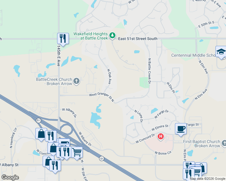 map of restaurants, bars, coffee shops, grocery stores, and more near 1617 West Helena Street in Broken Arrow