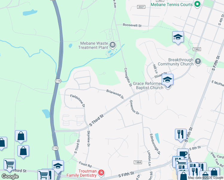 map of restaurants, bars, coffee shops, grocery stores, and more near 200 Briarwood Drive in Mebane