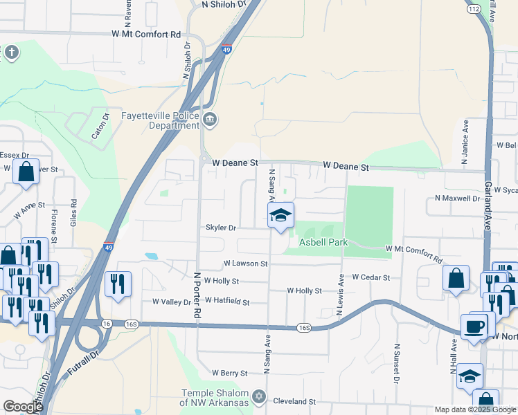 map of restaurants, bars, coffee shops, grocery stores, and more near 1628 Evening Shade Drive in Fayetteville
