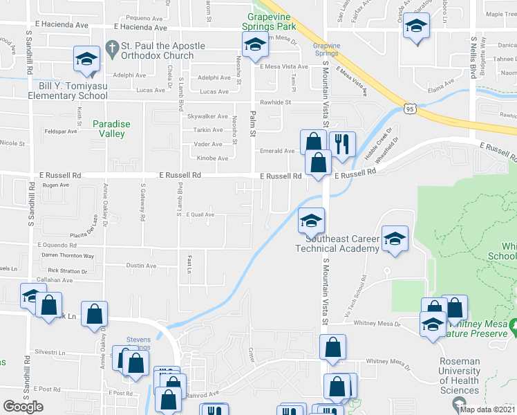 map of restaurants, bars, coffee shops, grocery stores, and more near 5780 Douglas Everett Street in Las Vegas