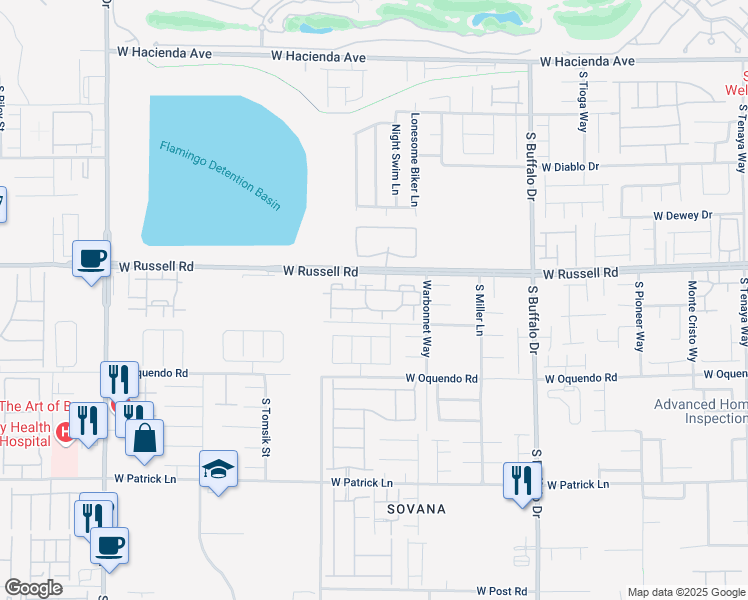 map of restaurants, bars, coffee shops, grocery stores, and more near 8025 West Russell Road in Las Vegas