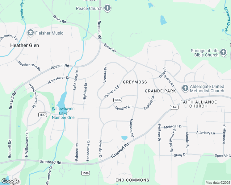 map of restaurants, bars, coffee shops, grocery stores, and more near 5324 Fairoaks Road in Durham