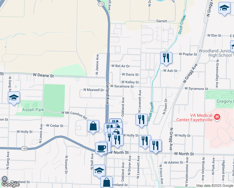 map of restaurants, bars, coffee shops, grocery stores, and more near 1070 West Hickory Street in Fayetteville