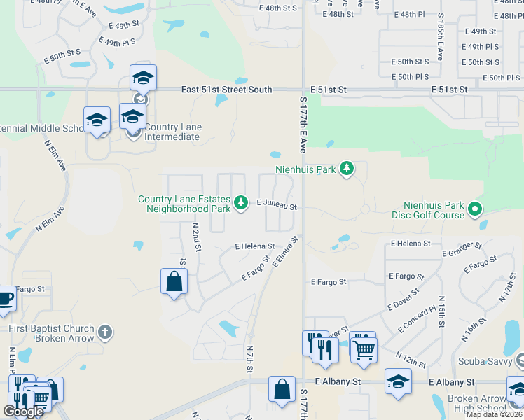 map of restaurants, bars, coffee shops, grocery stores, and more near 3220 North 6th Place in Broken Arrow