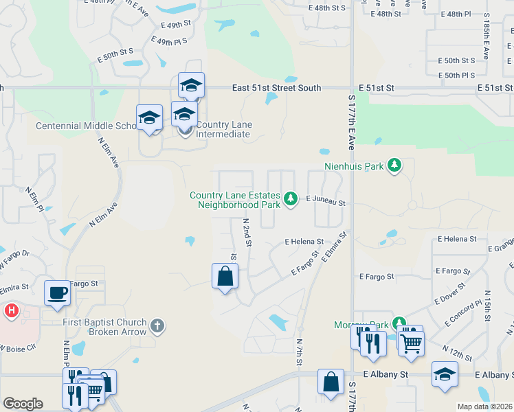 map of restaurants, bars, coffee shops, grocery stores, and more near 3226 North 2nd Place in Broken Arrow