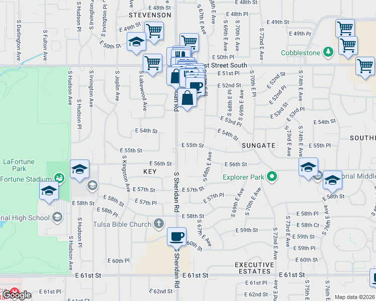 map of restaurants, bars, coffee shops, grocery stores, and more near 5512 South 66th East Avenue in Tulsa