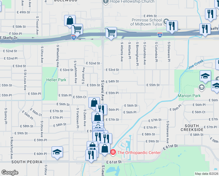 map of restaurants, bars, coffee shops, grocery stores, and more near 2411 East 55th Place in Tulsa