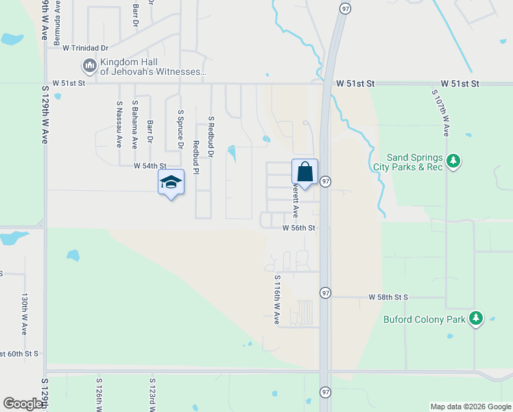 map of restaurants, bars, coffee shops, grocery stores, and more near 122 West 55th Street in Sand Springs