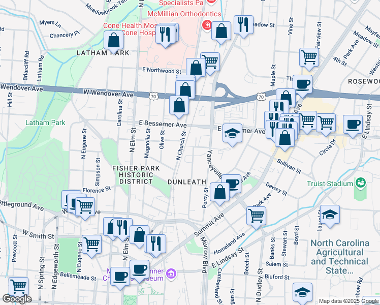 map of restaurants, bars, coffee shops, grocery stores, and more near 765 Chestnut Street in Greensboro