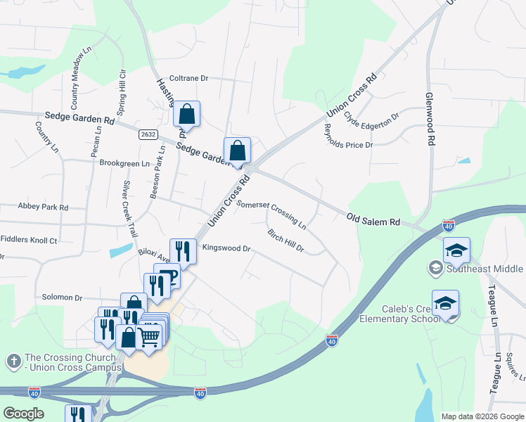 map of restaurants, bars, coffee shops, grocery stores, and more near 1080 Somerset Crossing Lane in Kernersville