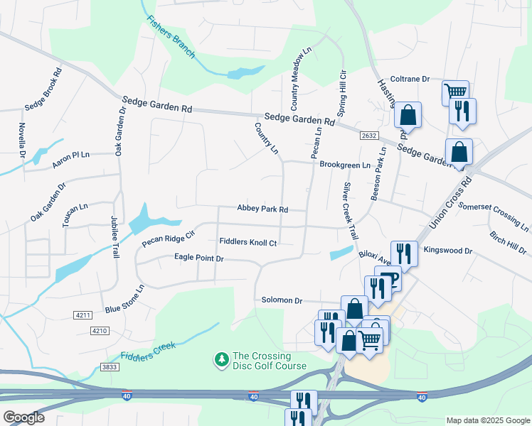 map of restaurants, bars, coffee shops, grocery stores, and more near 4754 Abbey Park Road in Kernersville