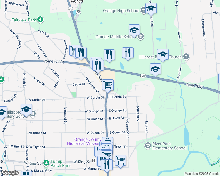 map of restaurants, bars, coffee shops, grocery stores, and more near 618 North Churton Street in Hillsborough