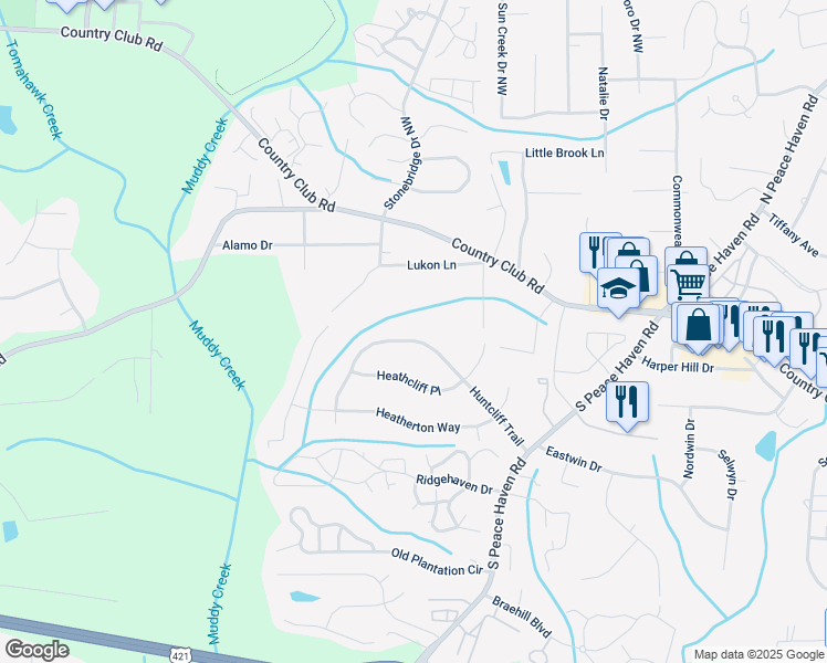 map of restaurants, bars, coffee shops, grocery stores, and more near 5152 Huntcliff Trail in Winston-Salem
