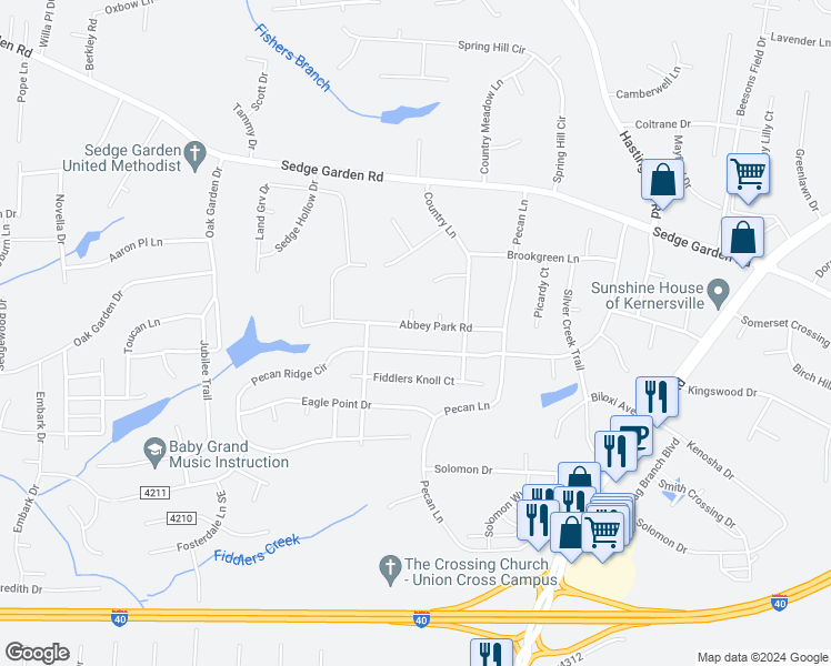 map of restaurants, bars, coffee shops, grocery stores, and more near 4704 Abbey Park Road in Kernersville