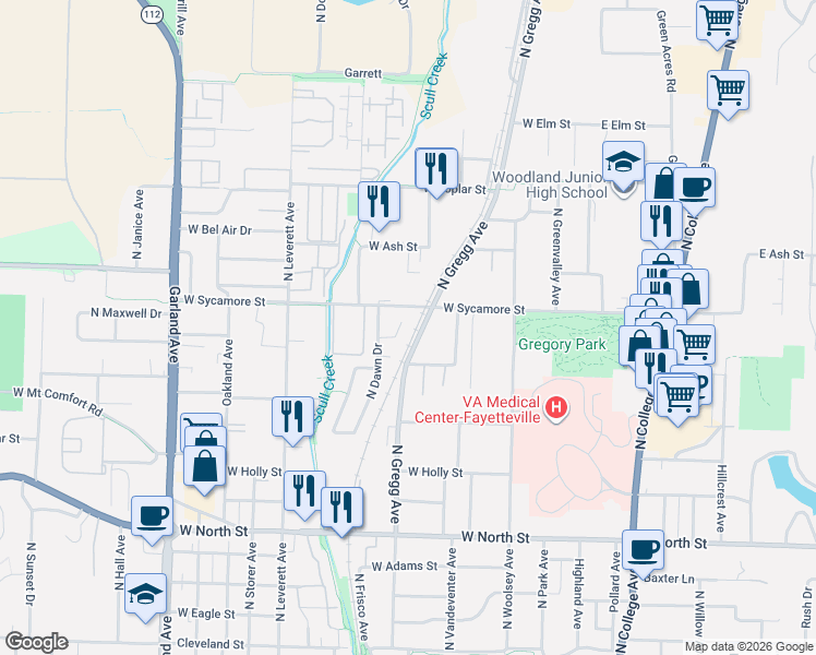 map of restaurants, bars, coffee shops, grocery stores, and more near 579 West Moan Place in Fayetteville