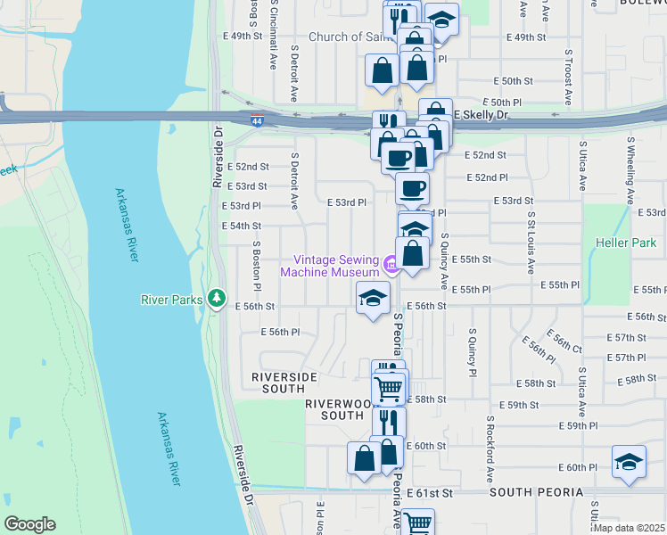 map of restaurants, bars, coffee shops, grocery stores, and more near 5507 South Norfolk Avenue in Tulsa