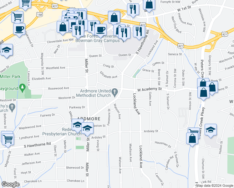 map of restaurants, bars, coffee shops, grocery stores, and more near 614 South Hawthorne Road in Winston-Salem