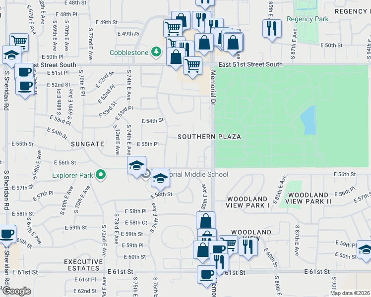map of restaurants, bars, coffee shops, grocery stores, and more near 5526 S 78th E Ave in Tulsa