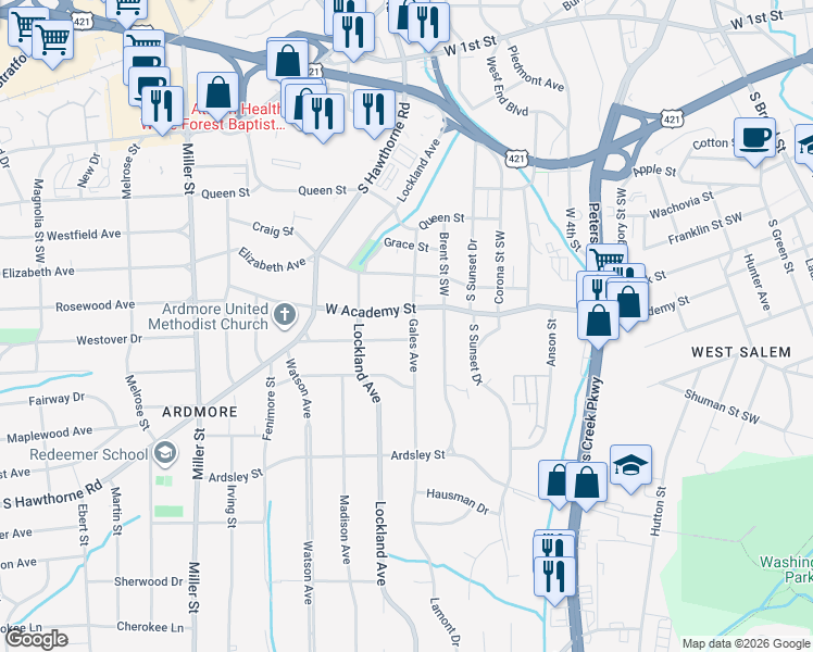 map of restaurants, bars, coffee shops, grocery stores, and more near 612 Gales Avenue in Winston-Salem