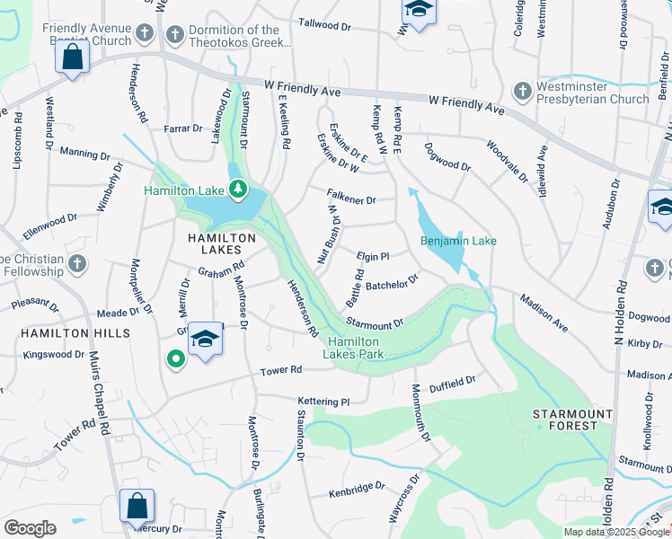 map of restaurants, bars, coffee shops, grocery stores, and more near 104 Nut Bush Drive East in Greensboro