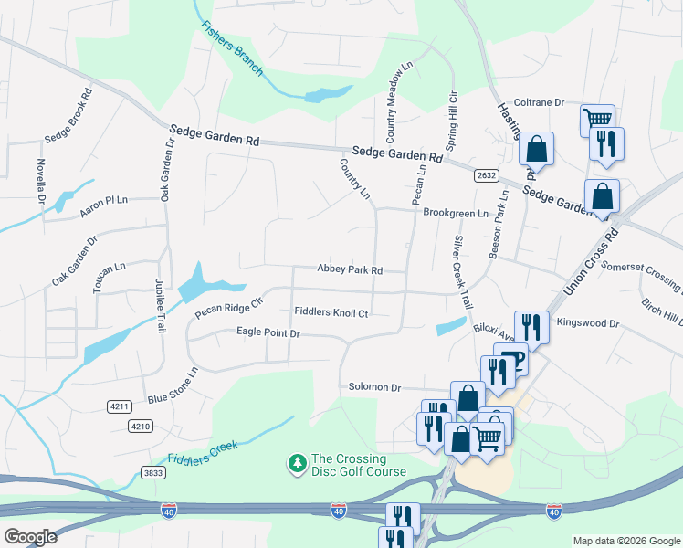 map of restaurants, bars, coffee shops, grocery stores, and more near 4754 Abbey Park Road in Kernersville