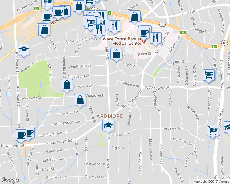 map of restaurants, bars, coffee shops, grocery stores, and more near 634 Irving Street in Winston-Salem
