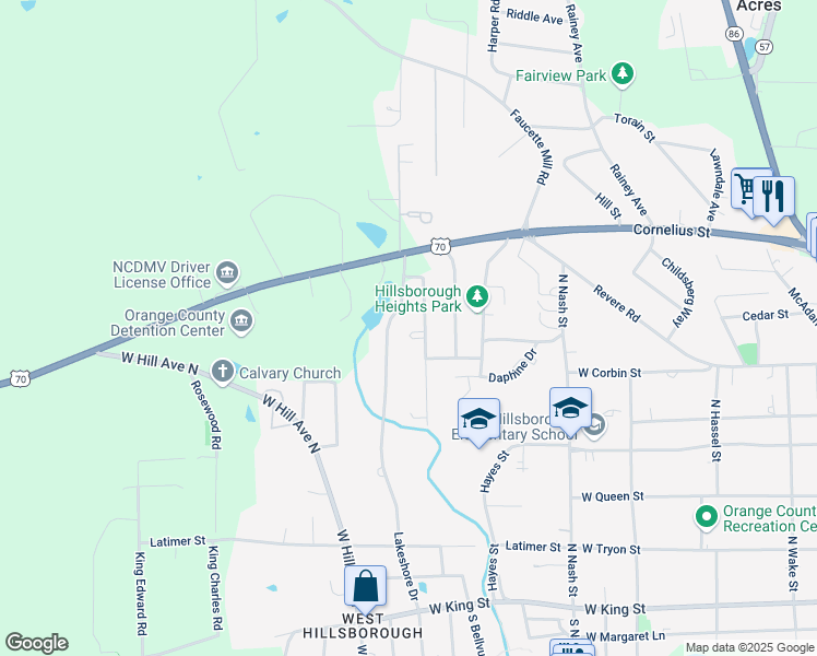 map of restaurants, bars, coffee shops, grocery stores, and more near 108 Coley Circle in Hillsborough