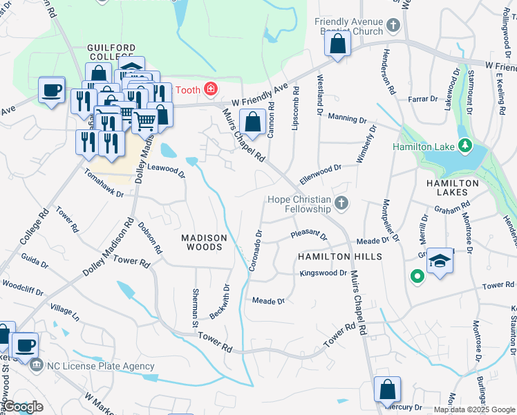 map of restaurants, bars, coffee shops, grocery stores, and more near 807 Coronado Drive in Greensboro