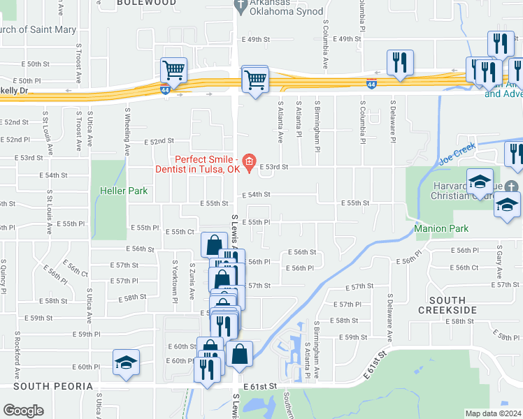 map of restaurants, bars, coffee shops, grocery stores, and more near 2411 East 55th Place in Tulsa