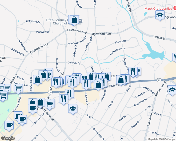 map of restaurants, bars, coffee shops, grocery stores, and more near 231 Colonial Drive in Burlington