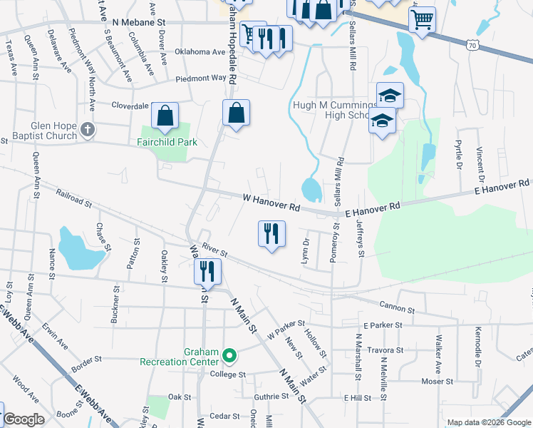 map of restaurants, bars, coffee shops, grocery stores, and more near 212 West Hanover Road in Graham