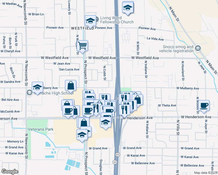 map of restaurants, bars, coffee shops, grocery stores, and more near 1001 North Cobb Street in Porterville