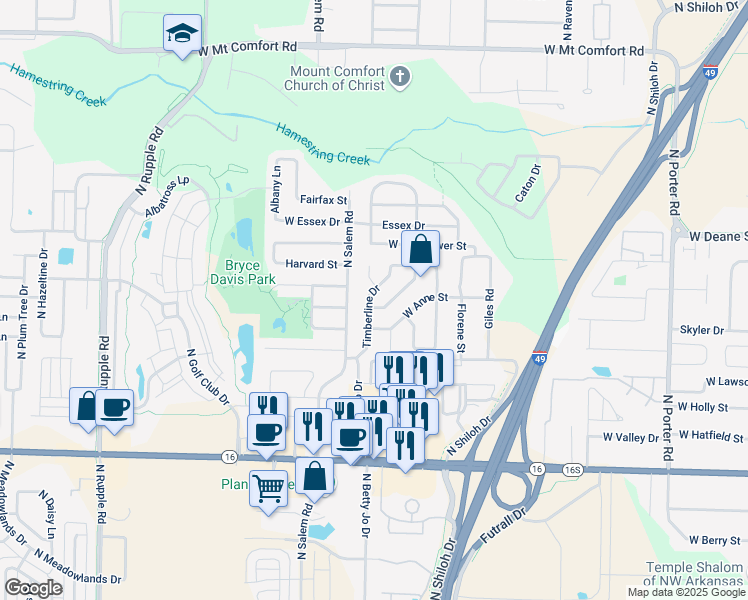 map of restaurants, bars, coffee shops, grocery stores, and more near 1608 Timberline Drive in Fayetteville