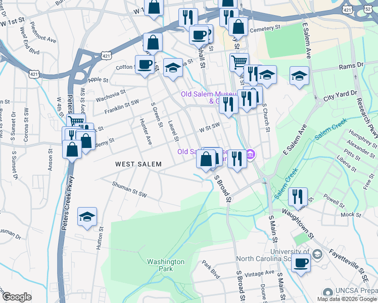 map of restaurants, bars, coffee shops, grocery stores, and more near 611 Washington Avenue Southwest in Winston-Salem