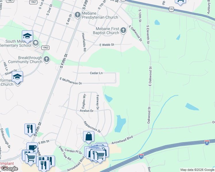 map of restaurants, bars, coffee shops, grocery stores, and more near 462 East McPherson Drive in Mebane