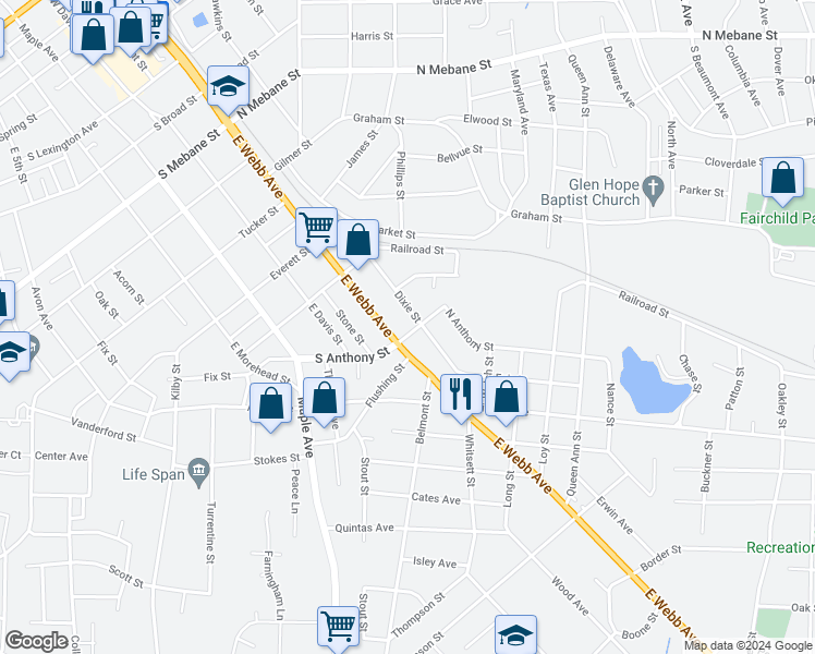 map of restaurants, bars, coffee shops, grocery stores, and more near 118 North Anthony Street in Burlington