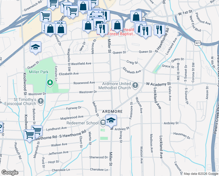 map of restaurants, bars, coffee shops, grocery stores, and more near 618 Miller Street in Winston-Salem