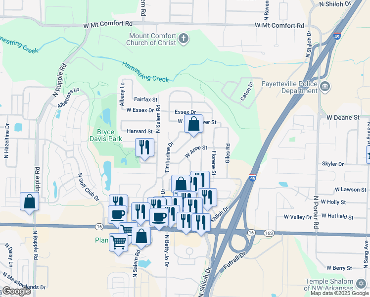 map of restaurants, bars, coffee shops, grocery stores, and more near 3179 W Woodfield Way in Fayetteville