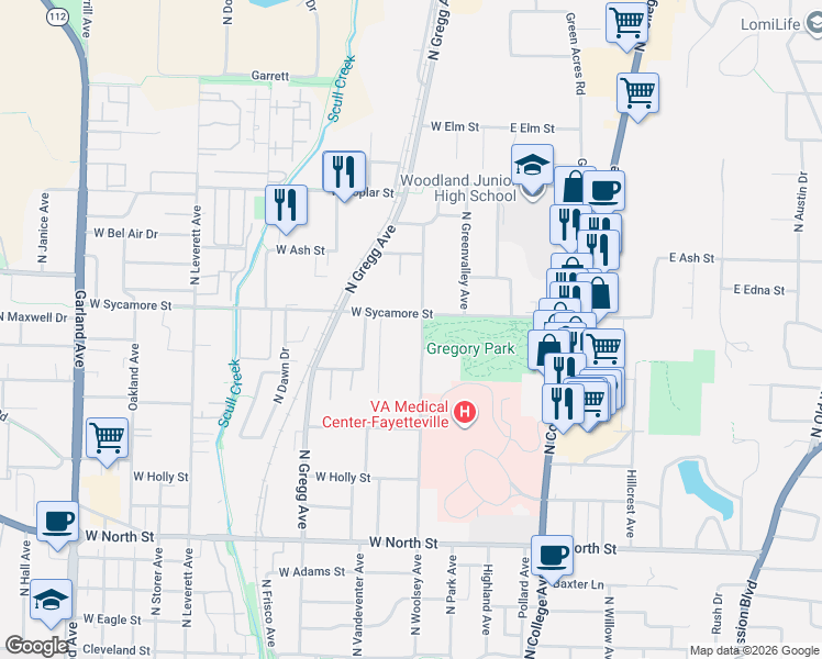 map of restaurants, bars, coffee shops, grocery stores, and more near 1655 North Woolsey Avenue in Fayetteville